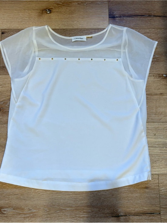 Calvin Klein Tops - Calvin Klein White Sheer-Panel Short Sleeve Blouse with Gold Studs.Size S